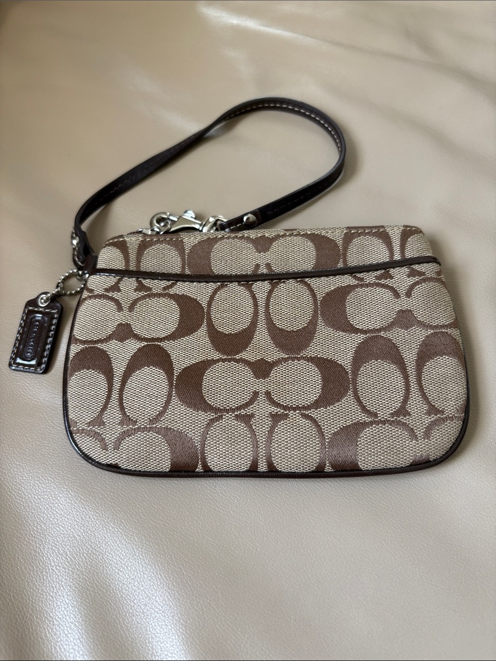 Coach Brown/Tan Signature Canvas Wristlet with Leather Strapo